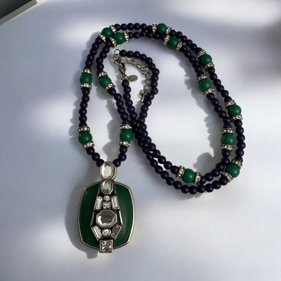 Lia Sophia Retired Art Deco Inspired Necklace Green Crystal Pendant Beaded - Picture 2 of 11